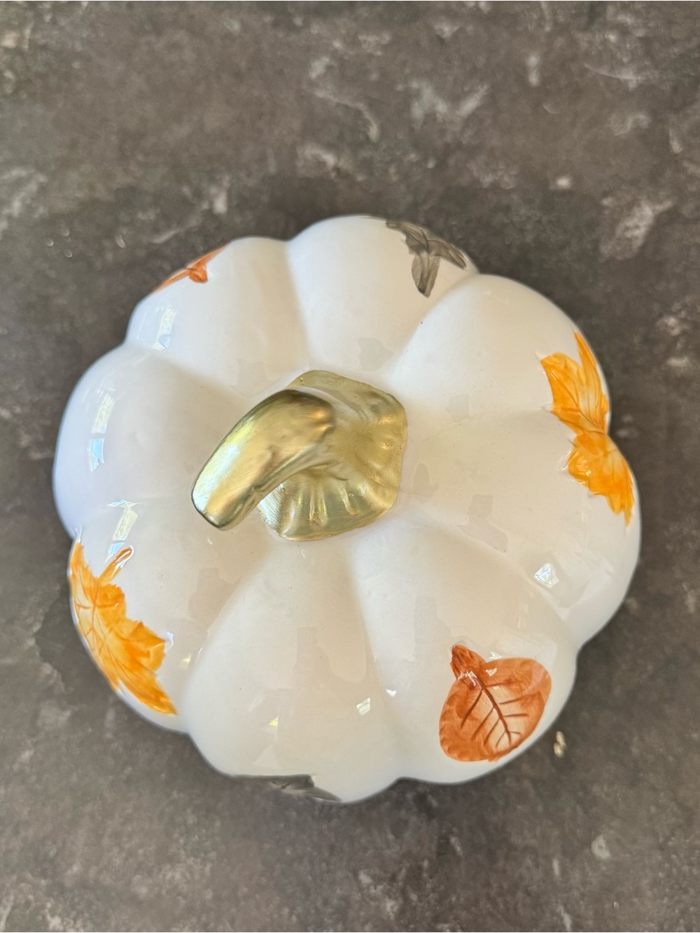 White Ceramic Pumpkin with Autumn Leaf Motif - Picture 5 of 6